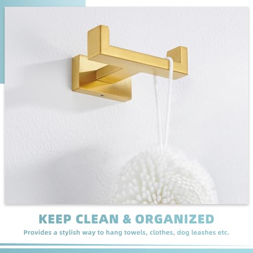 Suyar Double Towel Hook Brushed Gold, SUS304 Stainless Steel Square Coat Robe Holder, Bathroom Kitchen Towel Hanger, Wall Mounted - Image 3