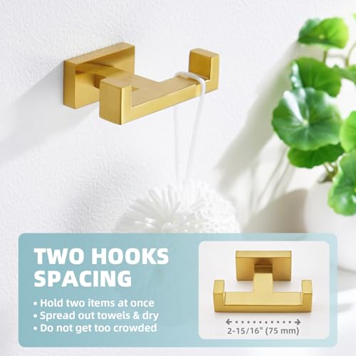 Suyar Double Towel Hook Brushed Gold, SUS304 Stainless Steel Square Coat Robe Holder, Bathroom Kitchen Towel Hanger, Wall Mounted - Image 4