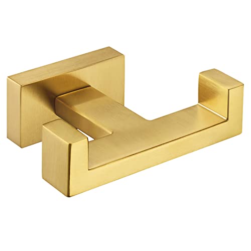Suyar Double Towel Hook Brushed Gold, SUS304 Stainless Steel Square Coat Robe Holder, Bathroom Kitchen Towel Hanger, Wall Mounted - Image 1