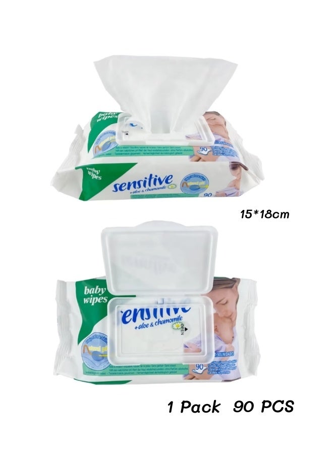 مناديل مبللة، مناديل أطفال، مناديل مبللة عبوة صغيرة للسفر، ماء نقي بنسبة 99%، مناديل أطفال لطيفة بدون رائحة، مناديل أطفال مضادة للحساسية وغير معطرة، مناديل متعددة الاستخدامات، آمنة للعناية ببشرة الطفل، خالية من الكحول، للأطفال والرضع، 90 منديلًا في العبوة - Image 2