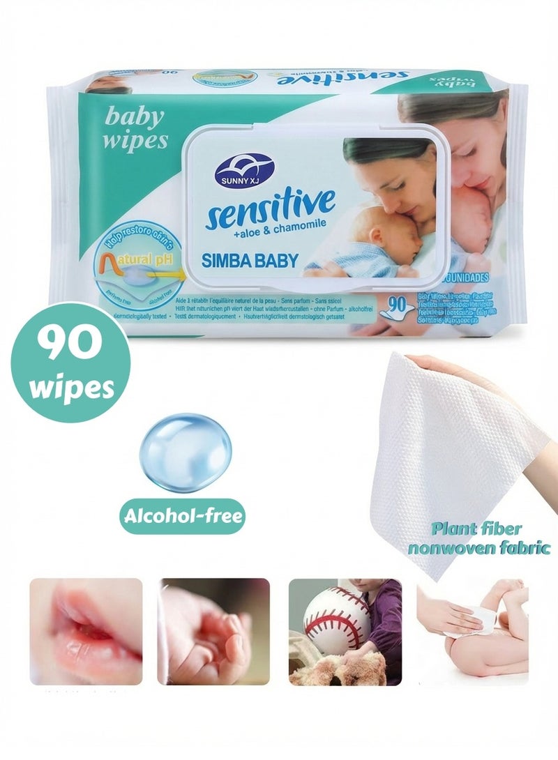 مناديل مبللة، مناديل أطفال، مناديل مبللة عبوة صغيرة للسفر، ماء نقي بنسبة 99%، مناديل أطفال لطيفة بدون رائحة، مناديل أطفال مضادة للحساسية وغير معطرة، مناديل متعددة الاستخدامات، آمنة للعناية ببشرة الطفل، خالية من الكحول، للأطفال والرضع، 90 منديلًا في العبوة - Image 1