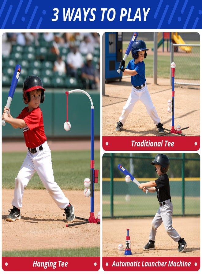 HYES 3-in-1 Baseball Set for Kids 3-5 - Tee Ball Stand, Hanging Tee, Ball Launcher and 6 Softballs - Adjustable Height, Indoor/Outdoor Sport Gifts for Boys Girls, Blue - Image 2