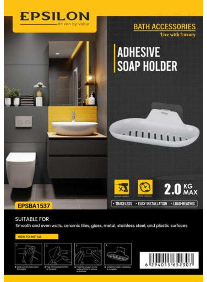 Epsilon Adhesive Soap Holder EPSBA1537 | Wall Mounted Soap Dish with Drain Holes | No-Drill Self-Adhesive Soap Tray | 2kg Load Capacity | Bathroom Soap Holder for Tile, Glass, Metal & Plastic Surfaces | White - Image 5