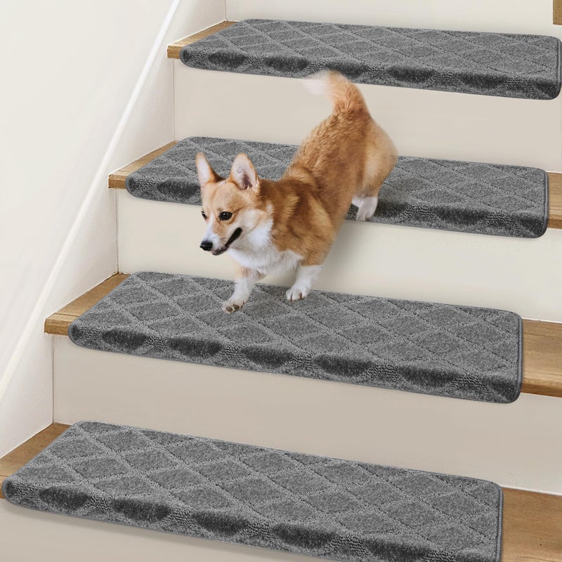 NEKL Bullnose Stair Treads Non Slip 9.5" x 32", 14 Pcs Carpet Stair Treads for Wooden Steps Indoor with Edge Protection, Reusable Peel and Stick TPU Backing Stair Runner Rugs - Diamond Pattern Grey. - Image 1