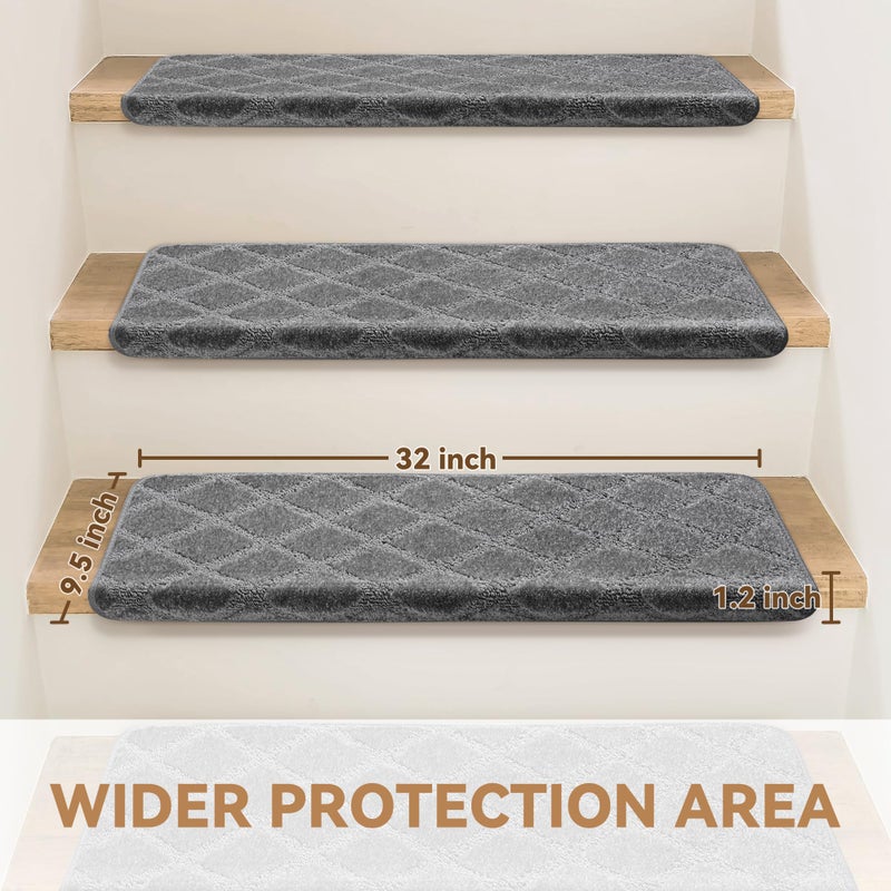 NEKL Bullnose Stair Treads Non Slip 9.5" x 32", 14 Pcs Carpet Stair Treads for Wooden Steps Indoor with Edge Protection, Reusable Peel and Stick TPU Backing Stair Runner Rugs - Diamond Pattern Grey. - Image 2