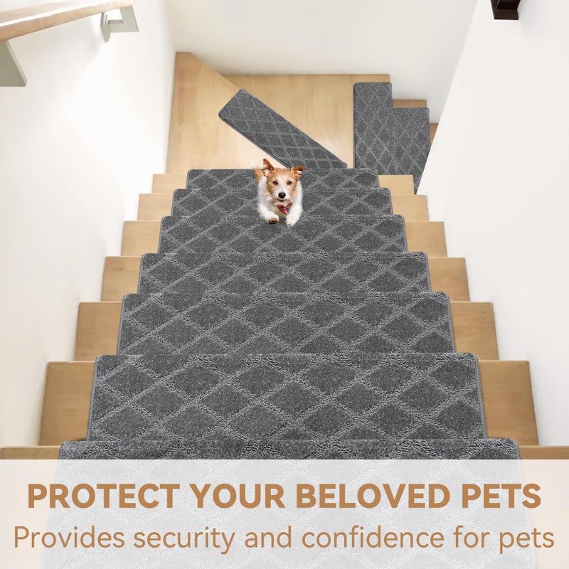NEKL Bullnose Stair Treads Non Slip 9.5" x 32", 14 Pcs Carpet Stair Treads for Wooden Steps Indoor with Edge Protection, Reusable Peel and Stick TPU Backing Stair Runner Rugs - Diamond Pattern Grey. - Image 4