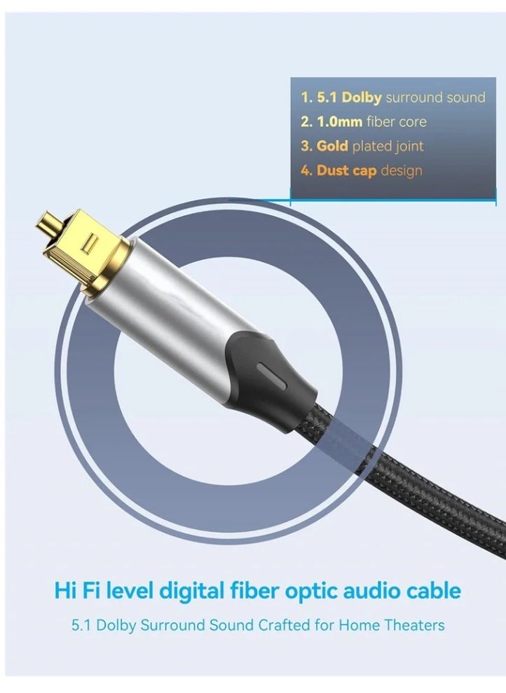 Generic - Digital Optical Audio Cable 3.3ft Nylon Braided Fiber, Slim Metal Case, Gold Plated Plug, Toslink Fiber Optic Audio Cable for Sound Bar TV PS4 S*msung Vizio Bose LG, 1 Pcs - Image 1