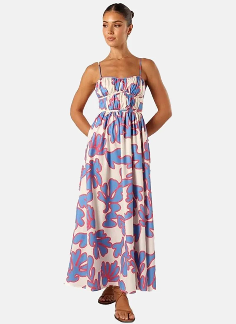 يونيكي White Shoulder Straps Sleeveless Print Maxi Dress