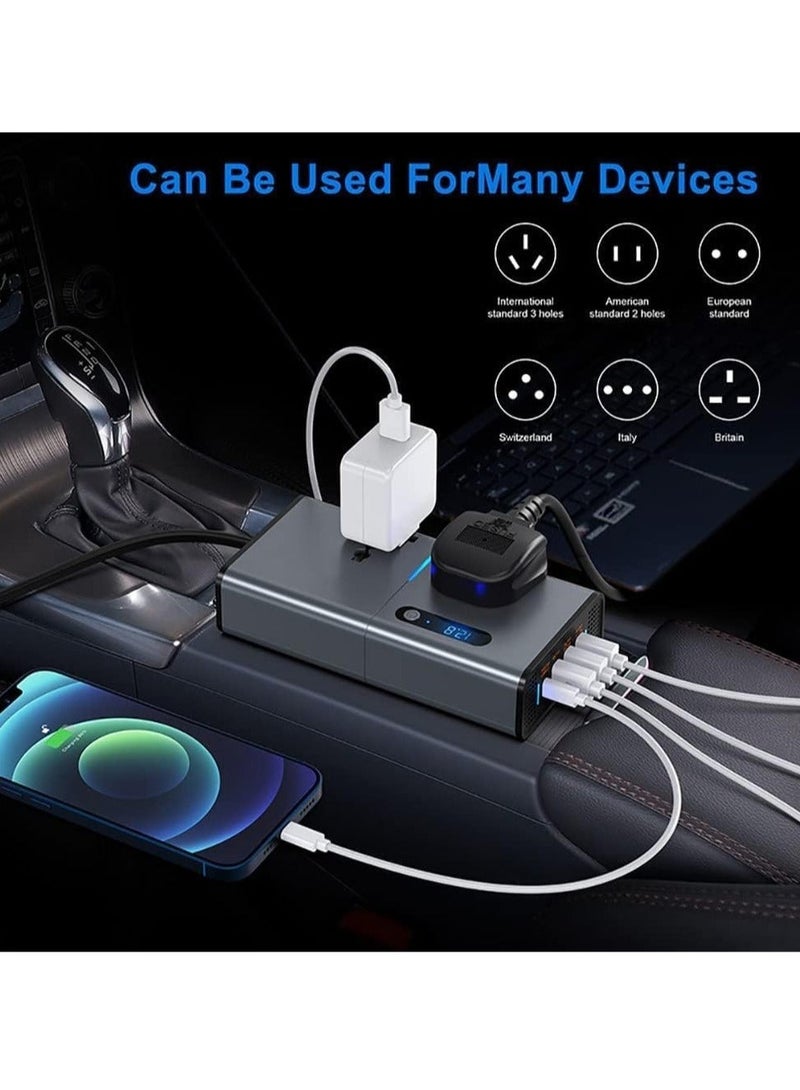 Car Power Inverter, DC 12/24V to 230V AC Car Inverter,3 USB 1 Type-C Ports Charger Adapter Car Plug Converter with Switch and Current LED Screen,Suitable for Car, SUV & Truck (Sliver Grey)