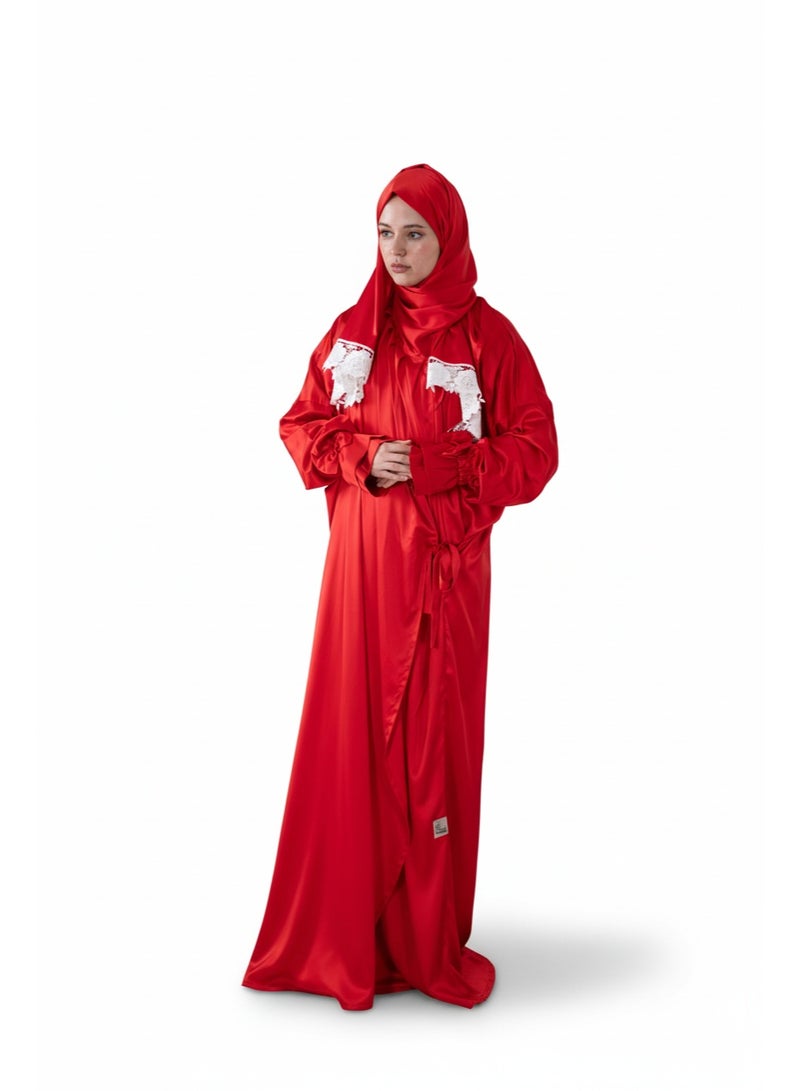 KESSAA Lamar Women’s Premium Prayer Isdal – Armani Silk Full-Coverage Salah Dress with Integrated Head Scarf | Non-Transparent Lightweight Fabric | Free Size Fits S–2XL | Modest Islamic Wear - Red - Image 1