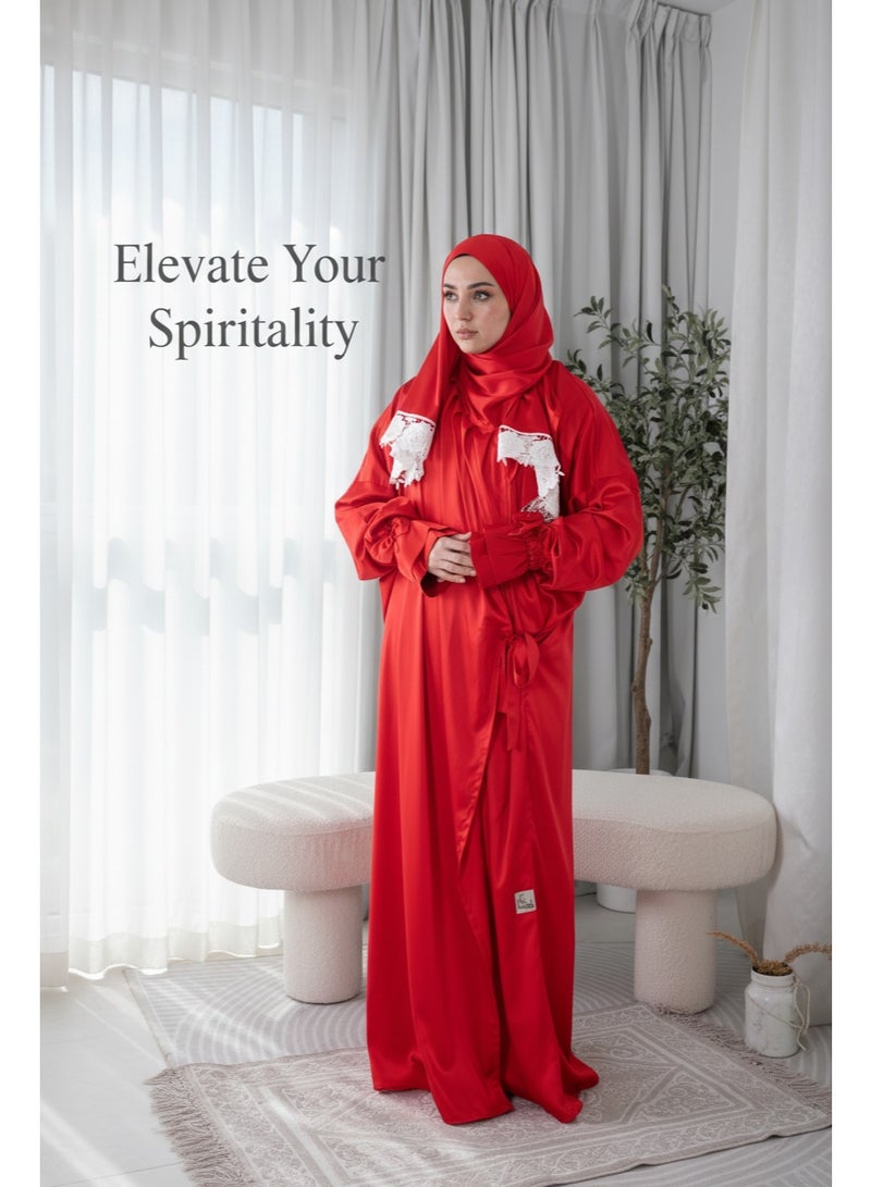 KESSAA Lamar Women’s Premium Prayer Isdal – Armani Silk Full-Coverage Salah Dress with Integrated Head Scarf | Non-Transparent Lightweight Fabric | Free Size Fits S–2XL | Modest Islamic Wear - Red - Image 4