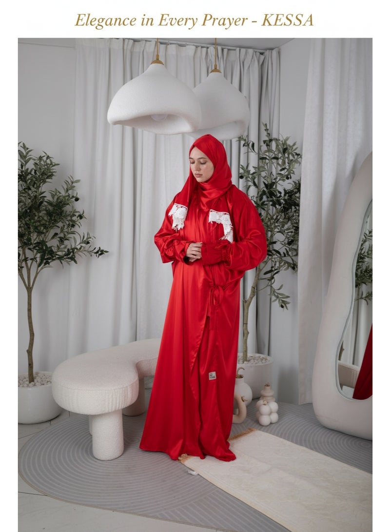 KESSAA Lamar Women’s Premium Prayer Isdal – Armani Silk Full-Coverage Salah Dress with Integrated Head Scarf | Non-Transparent Lightweight Fabric | Free Size Fits S–2XL | Modest Islamic Wear - Red - Image 5