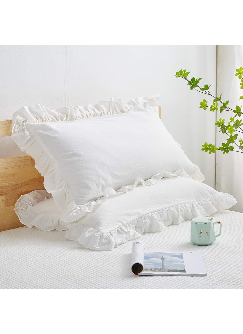 Mywinlle Mywinlle Shabby Off White Ruffle Pillow Shams Standard Size Set of 2 Washed Cotton Farmhouse Pillowcases Pillow Cover 20x26 