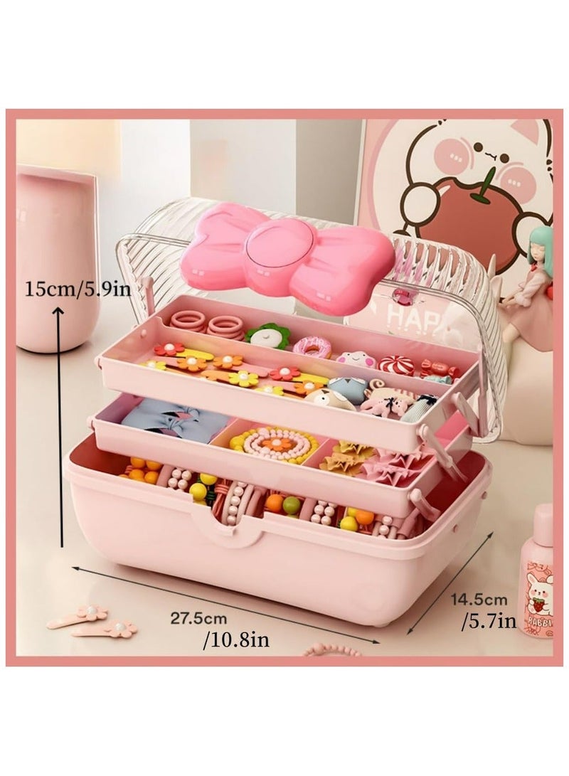 KHAJUL Hair Accessories Storage Box with Lid,Plastic Cosmetics Kids' Jewelry Storage Box with Expandable Tray and Handle, Hair Clips Container Headbands Organizer for Girls Portable Headbands Holder (Pink) - Image 2