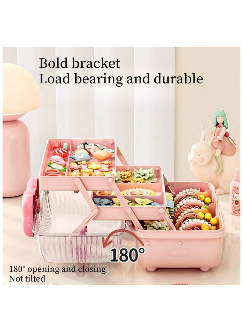 KHAJUL Hair Accessories Storage Box with Lid,Plastic Cosmetics Kids' Jewelry Storage Box with Expandable Tray and Handle, Hair Clips Container Headbands Organizer for Girls Portable Headbands Holder (Pink) - Image 3