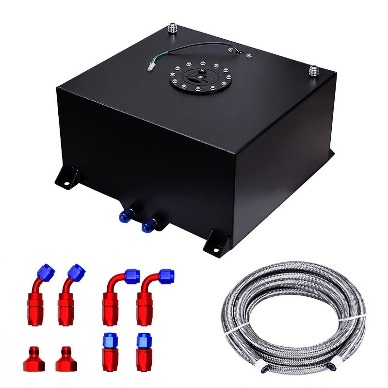 10 Gallon Fuel Cell 40L Universal Gas Tank with Level Sender 6AN 12FT Fuel Line KitAluminum Polished Racing Street Drift Strip Fuel Tank with Quick Release Fuel CapBlack