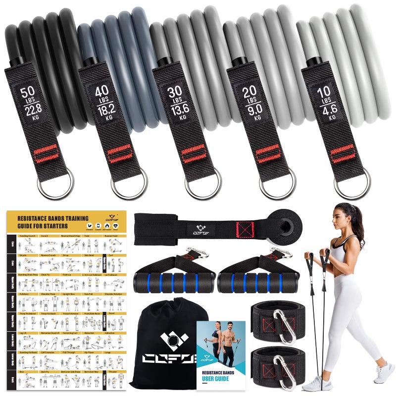 COFOF Resistance Bands with Handles for Women, 5 Level Exercise Bands Workout Bands for Physical Therapy, Yoga, Pilates, Door Anchor, Storage Pouch(Grey) - Image 1
