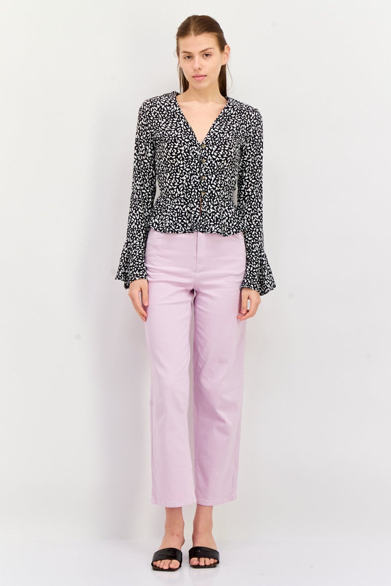 Missguided Women V Neck Long Sleeve Allover Print Blouse, Black - Image 2