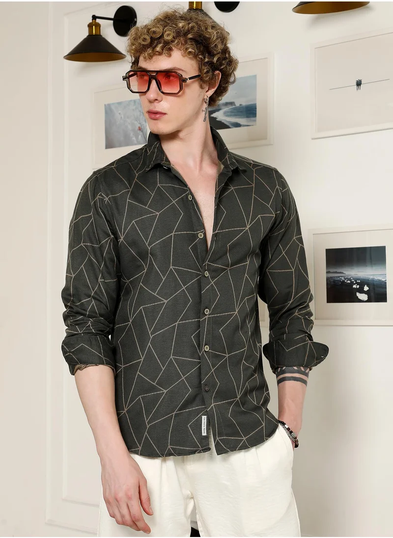 Campus Sutra Men's Dark Green Geometric Pattern Full Sleeve Shirt