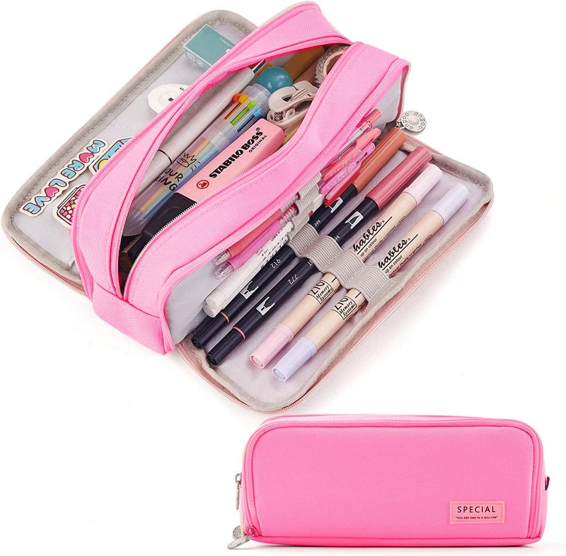 Jiada Large Capacity 3 Compartments Pencil Box for Girls & Boys | Stationery Pouch for School Kids College Students | Pink - Image 1