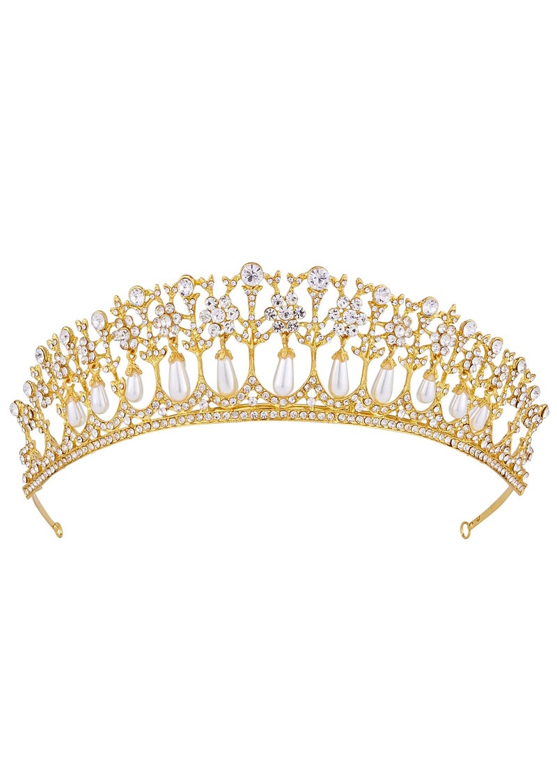 Vofler - Wedding Tiara Bride Pearl Crown  Gold Crystal Rhinestone Headband for Women Queen Ladies Flower Girls Bridal Birthday Pageant Prom Homecoming Halloween Princess Diana Costume Party - Image 1