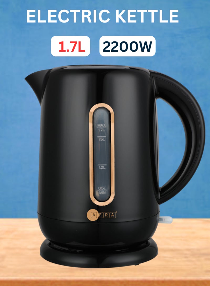 عفرا غلاية كهربائية AFRA، سعة 1.7 لتر، 2200 واط، حماية من الغليان الجاف، Strix Control، إيقاف التشغيل التلقائي، حماية من الحرارة الزائدة، أسود، G-Mark، ESMA، RoHS، CB، AF-201850KTBL، ضمان لمدة عامين - Image 1