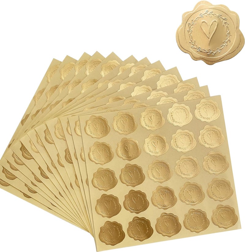 DreamBuilt 300pcs Gold Embossed Wax Seal Looking Heart Envelope Seals for Wedding Invitations/Greeting Cards/Party Favors, Self-Adhesive - Image 1