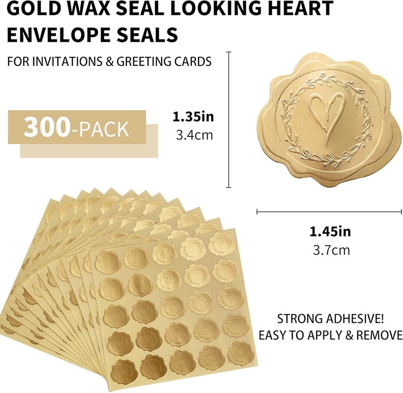 DreamBuilt 300pcs Gold Embossed Wax Seal Looking Heart Envelope Seals for Wedding Invitations/Greeting Cards/Party Favors, Self-Adhesive - Image 2