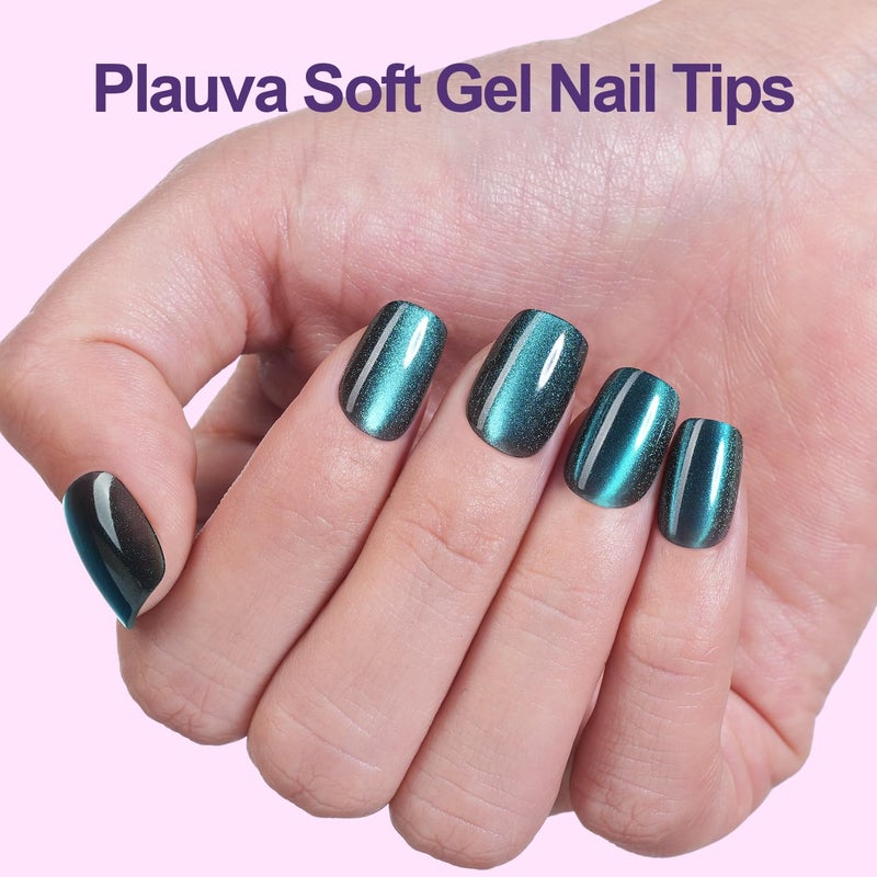 Plauva 300Pcs Cat Eye Press on Nails Short Square, Plauva Soft Gel Fake Nails, Glossy Glitter Cat Eye Nail Tips for Women and Girls Stick On Nails in 15 Sizes - Image 2
