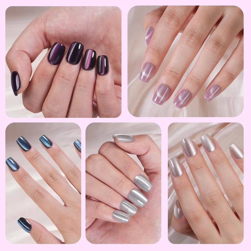 Plauva 300Pcs Cat Eye Press on Nails Short Square, Plauva Soft Gel Fake Nails, Glossy Glitter Cat Eye Nail Tips for Women and Girls Stick On Nails in 15 Sizes - Image 4
