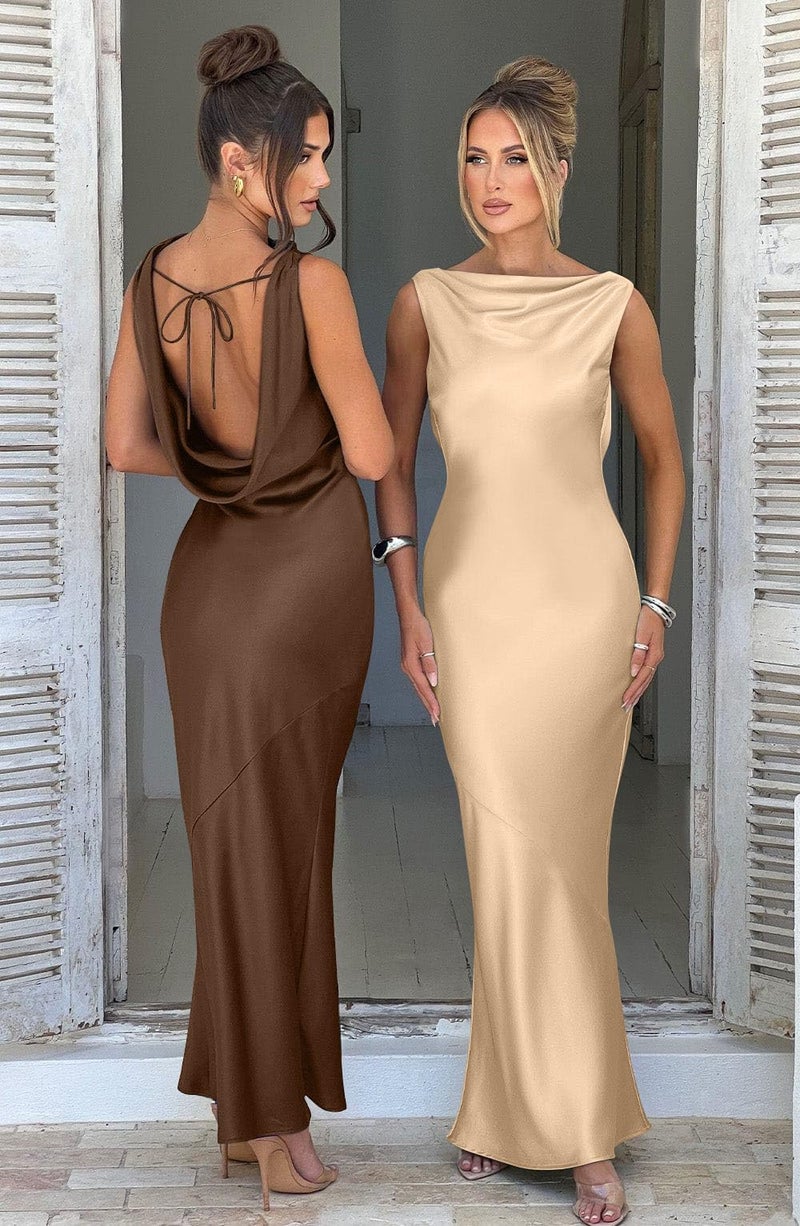 Memoriesea Women's Satin Elegant Sleeveless High Neck Tie Cocktail Party Maxi Dress Brown - Image 5