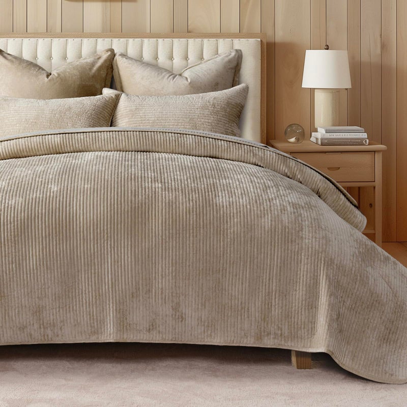 EVERGRACE Velvet Quilt Set Queen Size, Luxurious Soft Quilted Bedding Sets, Lightweight Velvet Comforter for All Season, Striped Channel Bedspread Coverlet with 2 Shams, Urban Taupe - Image 1