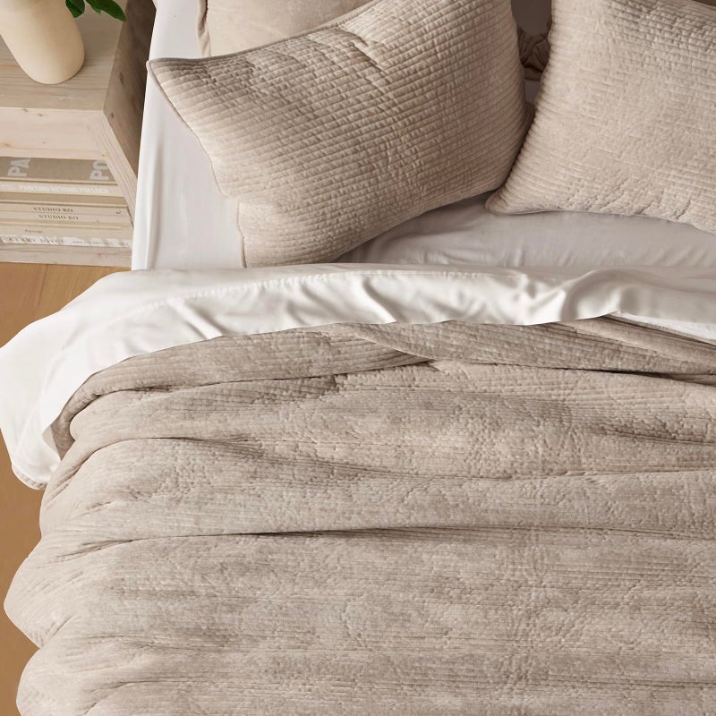EVERGRACE Velvet Quilt Set Queen Size, Luxurious Soft Quilted Bedding Sets, Lightweight Velvet Comforter for All Season, Striped Channel Bedspread Coverlet with 2 Shams, Urban Taupe - Image 4