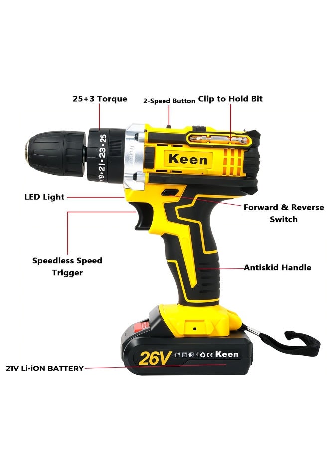 Keen 26V Cordless Drill Machine with Battery 10mm Keyless Chuck 2 Speed Power Drill Driver - Image 4