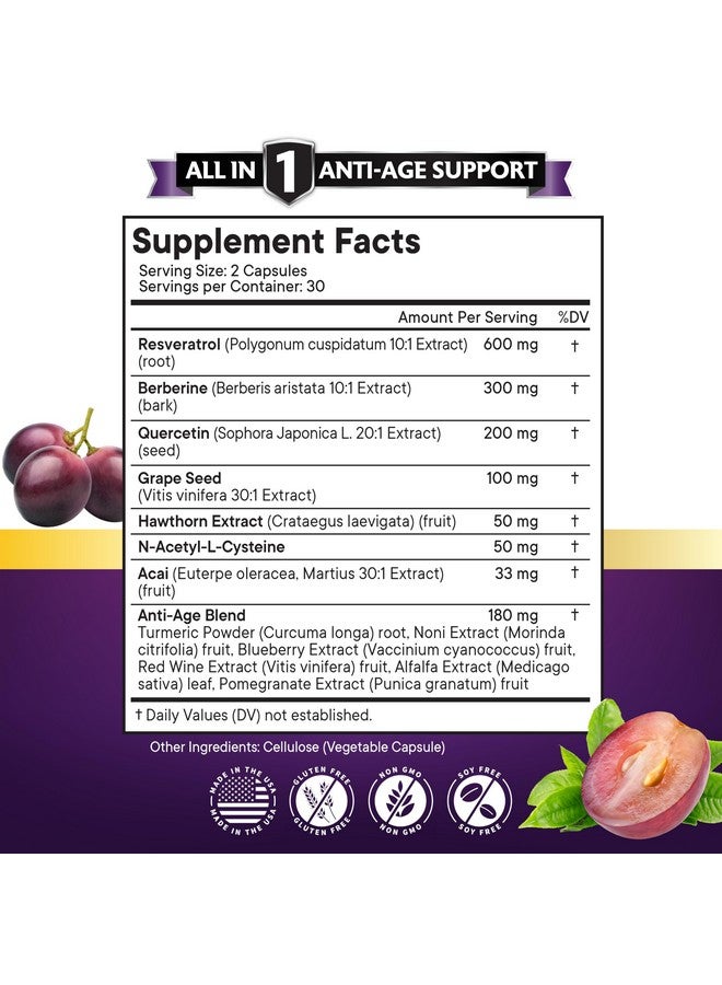 نيو إيدج نيو إيج ريسفيراترول 6000 مجم، بيربارين 3000 مجم، مستخلص بذور العنب 3000 مجم، كيرسيتين 4000 مجم - مكمل غذائي من البوليفينول للنساء والرجال مع مستخلص نوني، إن-أسيتيل سيستين، مستخلص أساي - 120 كبسولة - Image 2