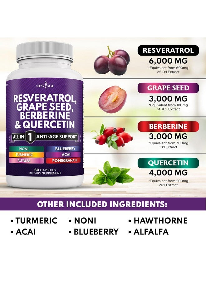 نيو إيدج نيو إيج ريسفيراترول 6000 مجم، بيربارين 3000 مجم، مستخلص بذور العنب 3000 مجم، كيرسيتين 4000 مجم - مكمل غذائي من البوليفينول للنساء والرجال مع مستخلص نوني، إن-أسيتيل سيستين، مستخلص أساي - 120 كبسولة - Image 3