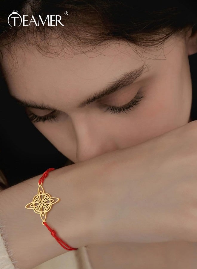 TEAMER Wax Rope Witches Knot Bracelet Stainless Steel Witches Knot Pendant Wiccan Symbol Adjustable Bracelet for Women (Red Gold) - Image 2