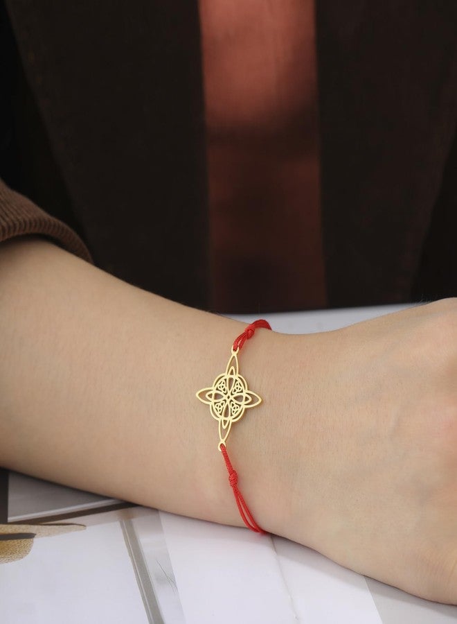 TEAMER Wax Rope Witches Knot Bracelet Stainless Steel Witches Knot Pendant Wiccan Symbol Adjustable Bracelet for Women (Red Gold) - Image 3