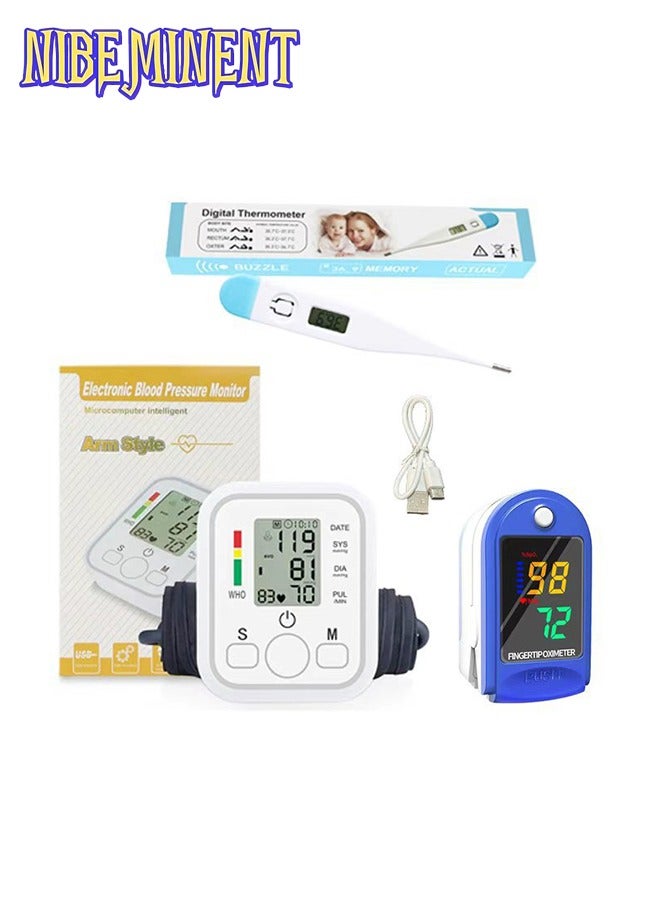 NIBEMINENT 3PCS Blood Pressure Monitor With LCD Digital Display with Reliable Fingertip Pulse Oximeter Heart Rate Monitor,Digital Thermometer Portable Electronic Accurate Thermometer Set for Home Use - Image 1