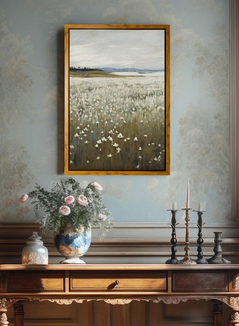 LOWHA Canvas Wall Art Stretched Over Wooden Frame with Wooden Color Floating Frame and Vintage Style Flowers Abstract Painting - Image 1