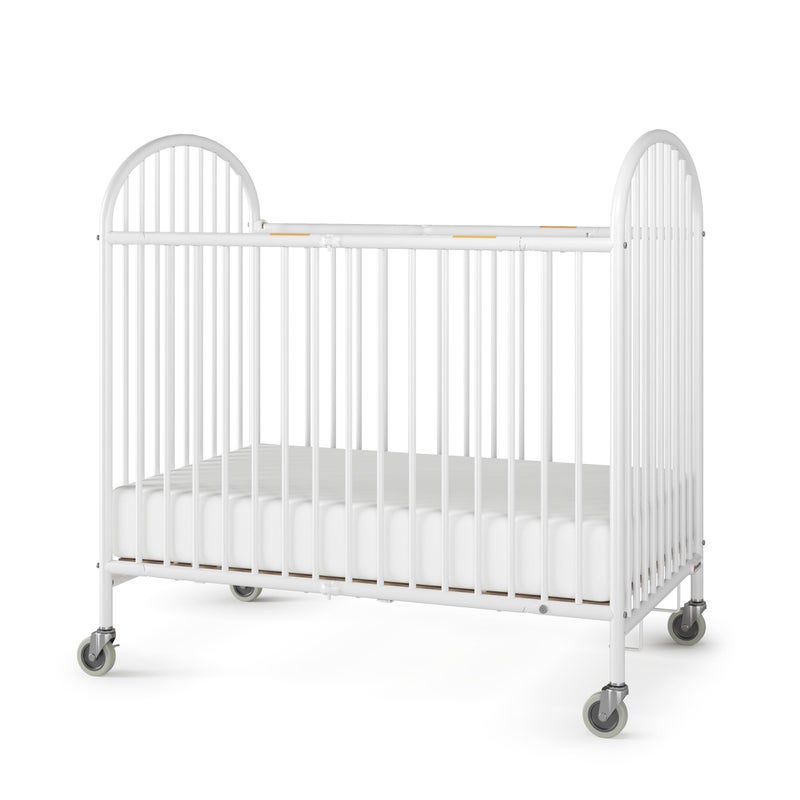 Foundations Pinnacle Folding Metal Baby Crib Portable Hotel Crib Easy Compact Storage 4 Mattress Built for Small Spaces HeavyDuty Construction White