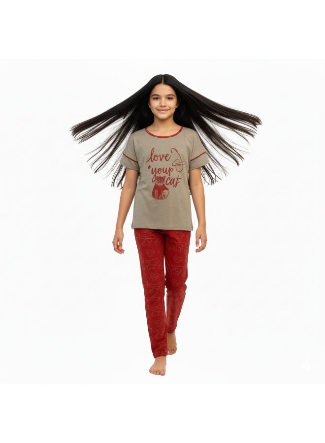 جوانا طقم بيجاما بناتي بطبعة أحب قطتك، قميص بأكمام قصيرة وبنطال طويل، رمادي/أحمر - Image 3