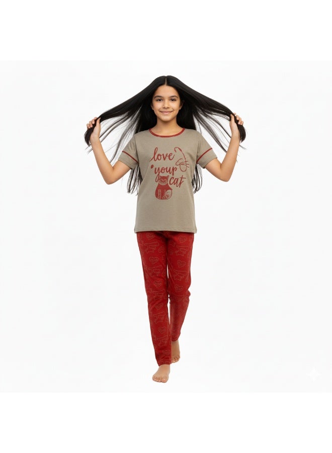 جوانا طقم بيجاما بناتي بطبعة أحب قطتك، قميص بأكمام قصيرة وبنطال طويل، رمادي/أحمر - Image 5