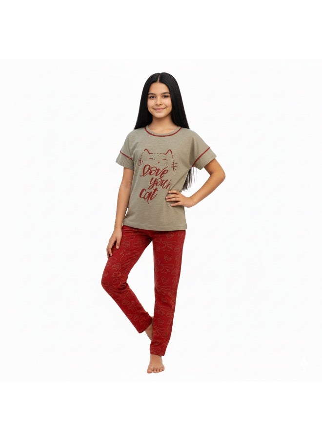 جوانا طقم بيجاما بناتي بطبعة أحب قطتك، قميص بأكمام قصيرة وبنطال طويل، رمادي/أحمر - Image 4