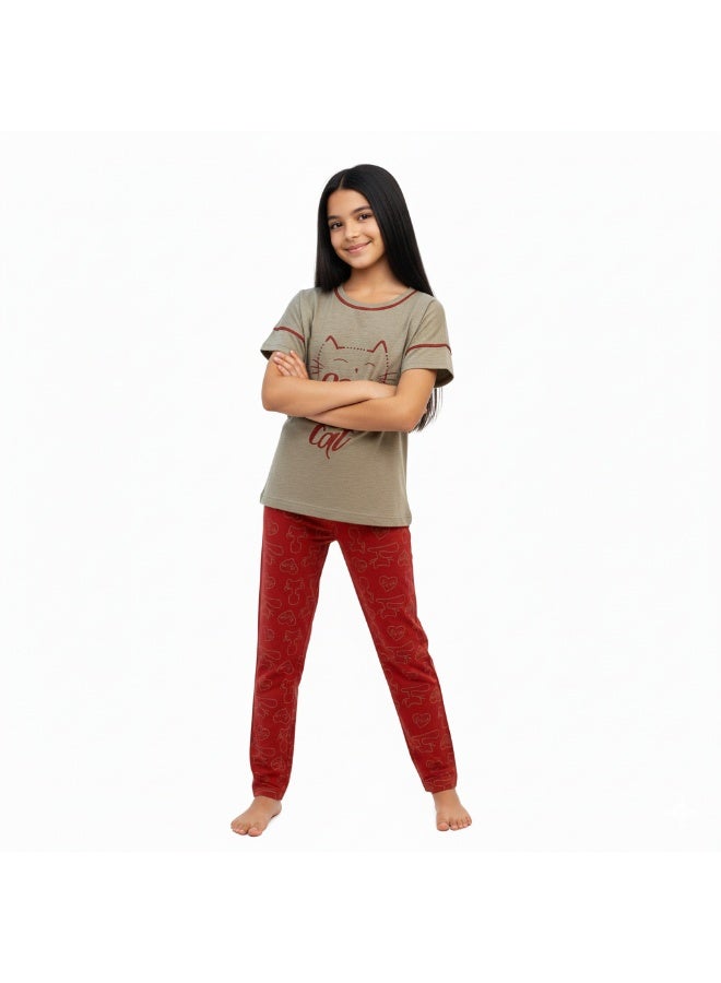 جوانا طقم بيجاما بناتي بطبعة أحب قطتك، قميص بأكمام قصيرة وبنطال طويل، رمادي/أحمر - Image 2