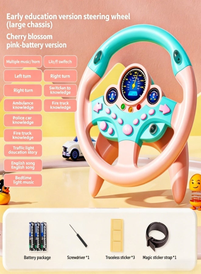 Joudiplay [Includes early learning stories] Children’s realistic steering wheel toy; an interactive driving gift for little passengers, featuring a rotating design and LED lights. Offers a fun, light-and-sound-enhanced driving experience. Can be secured to a table indoors or in a car outdoors. Pink - Image 1
