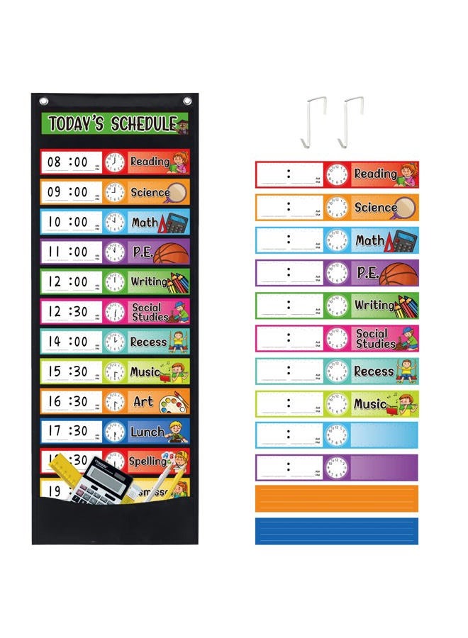 Daily Schedule Pocket Chart Kit,40 Bright Attractive Double-Sided Reusable Erasable Cards,1 Title Card,13+1 Scheduling Pocket Chart with 2 Hangers for Classroom Office Home Preschool Learning (Black) - Image 1