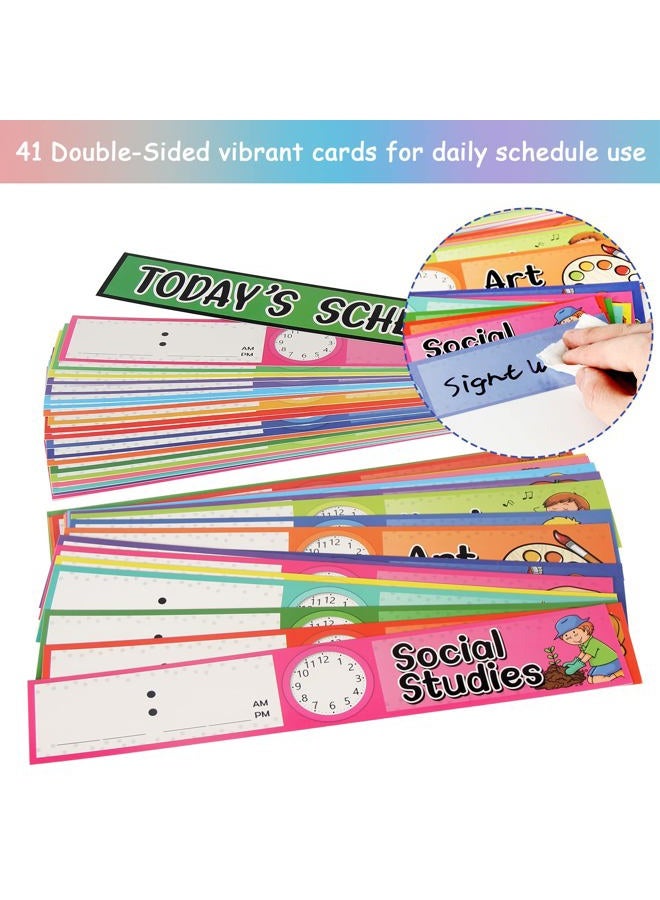 Daily Schedule Pocket Chart Kit,40 Bright Attractive Double-Sided Reusable Erasable Cards,1 Title Card,13+1 Scheduling Pocket Chart with 2 Hangers for Classroom Office Home Preschool Learning (Black) - Image 4