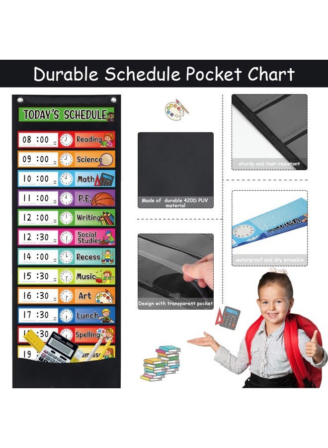 Daily Schedule Pocket Chart Kit,40 Bright Attractive Double-Sided Reusable Erasable Cards,1 Title Card,13+1 Scheduling Pocket Chart with 2 Hangers for Classroom Office Home Preschool Learning (Black) - Image 3