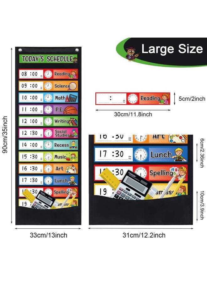 Daily Schedule Pocket Chart Kit,40 Bright Attractive Double-Sided Reusable Erasable Cards,1 Title Card,13+1 Scheduling Pocket Chart with 2 Hangers for Classroom Office Home Preschool Learning (Black) - Image 5